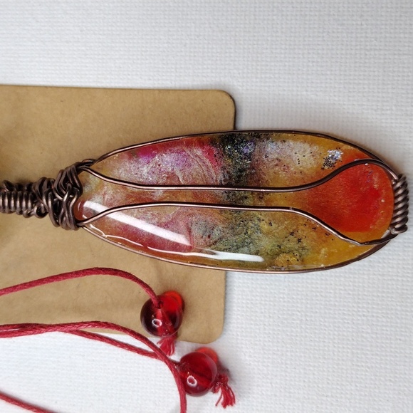 Celestial Blast Brass wrapped handmade  stone OOAK reversible Necklace 4 inch - Picture 5 of 6